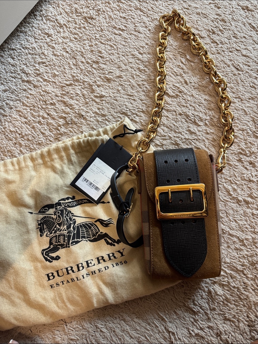 Burberry Brown and Black Buckle Phone Pouch with Gold Chain Strap